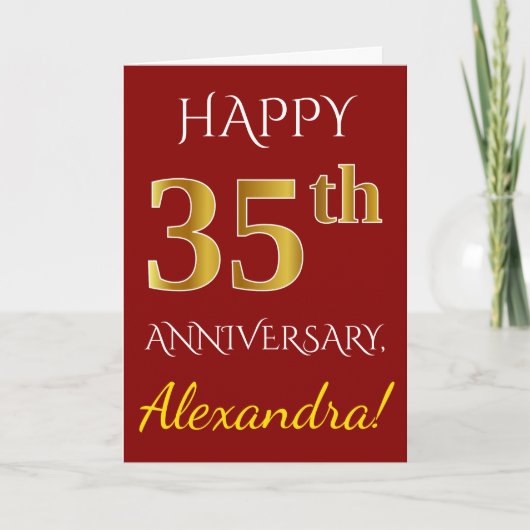 Carte Rouge, Or Faux 35e Anniversaire de Mariage + Nom (Devant)