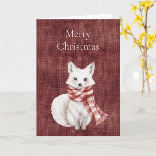 Carte Rouge profond Faux Lin (aspect lin) Fox Noël (Fleur jaune)