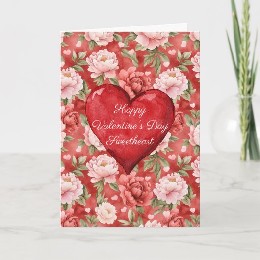 Carte Rouge romantique cœur rose floral Saint-Valentin (Devant)