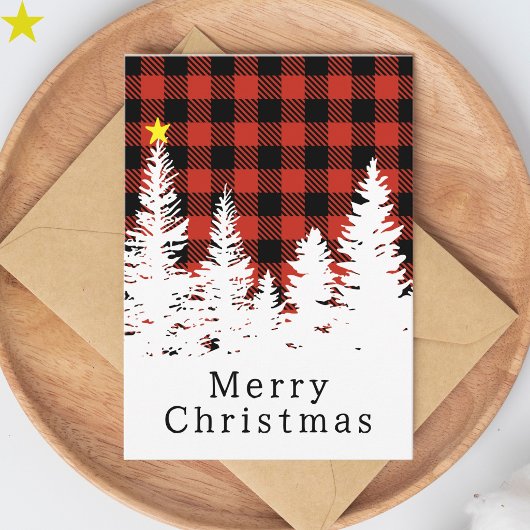 Carte Rouge Rustique Plaid de Buffalo Forêt Joyeux Noël