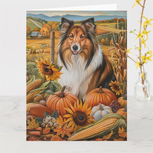Carte Rough Collie Chien Automne Moisson Thankesgiving (Fleur jaune)
