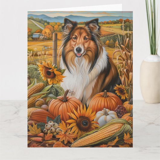 Carte Rough Collie Chien Automne Moisson Thankesgiving (Devant)