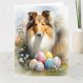 Carte Rough Collie Chien avec Oeufs de Pâques Fête (Devant)