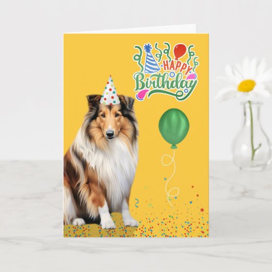 Carte Rough Collie Dog Party Hat Yellow Birthday (Petite plante)