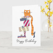 Carte Roux drôle assis sur un tas de cadeaux. (Fleur jaune)