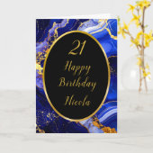Carte Royal Blue and Gold Marble Agate Anniversaire (Fleur jaune)