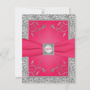 Carte RSVP 2 Rose, Feuille FAUX Argent, Floral