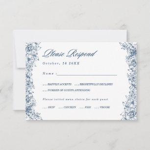 Carte RSVP à choix menu élégant Fleur Bleu Blanc