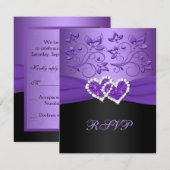 Carte RSVP à coeurs joints floraux noirs et violet (Devant / Derrière)