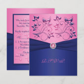 Carte RSVP à fleurs roses IMPRIMÉE RIBBON Navy (Devant / Derrière)