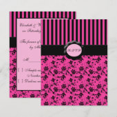 Carte RSVP à rayures rose et noire (Devant / Derrière)