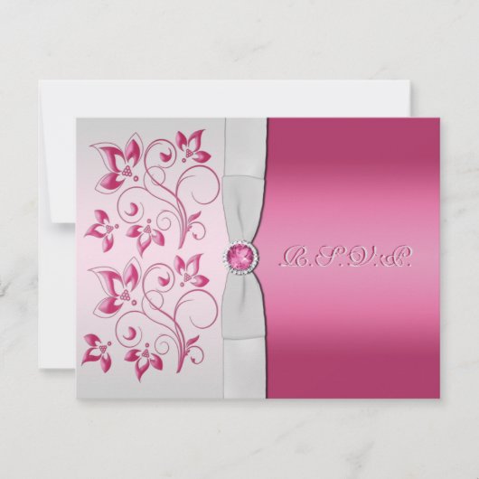 Carte RSVP à ruban imprimé argent et fleurs roses (Devant)