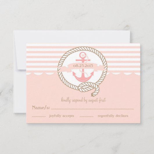 Carte RSVP Ancre rose et rayures nautiques (Devant)