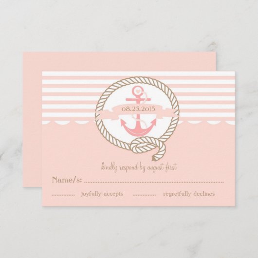 Carte RSVP Ancre rose et rayures nautiques (Devant / Derrière)