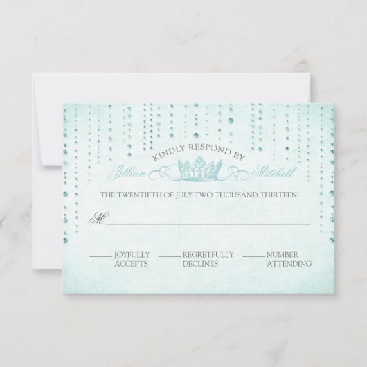 Carte RSVP Aqua Sparkles & Crown Fairytale Wedding (Devant)