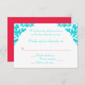 Carte RSVP Aqua, White et Red Damask (Devant / Derrière)