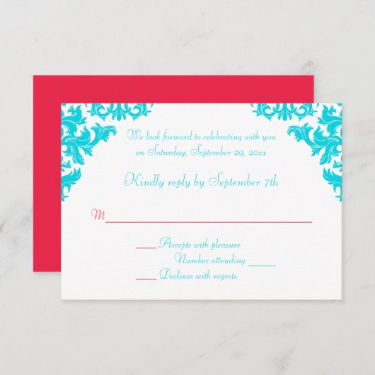 Carte RSVP Aqua, White et Red Damask (Devant / Derrière)