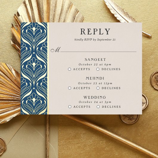 Carte RSVP Art Deco Gold Floral Mariage multi-évén