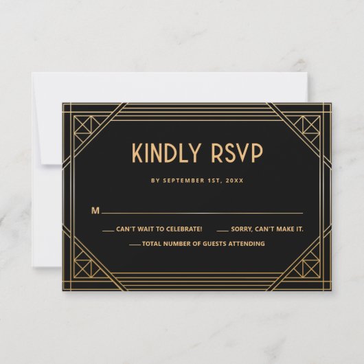 Carte RSVP Art Déco Mariage noir et or QR Code (Devant)
