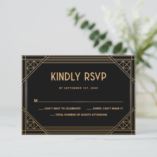 Carte RSVP Art Déco Mariage noir et or QR Code (Debout devant)
