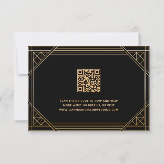 Carte RSVP Art Déco Mariage noir et or QR Code (Dos)