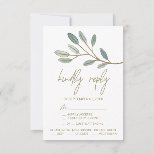 Carte RSVP au choix du menu Eucalyptus Gold Veine (Devant)