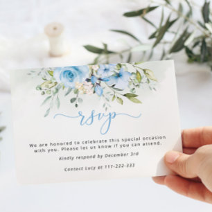Carte RSVP Baptême garçon eucalyptus bleu