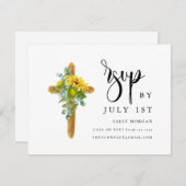Carte RSVP Baptism rustique Bois Cross Élégant Scr (Devant / Derrière)