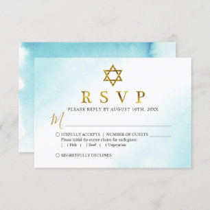 Carte RSVP Bat mitzvah Aquarelle Pastel Blue Gold