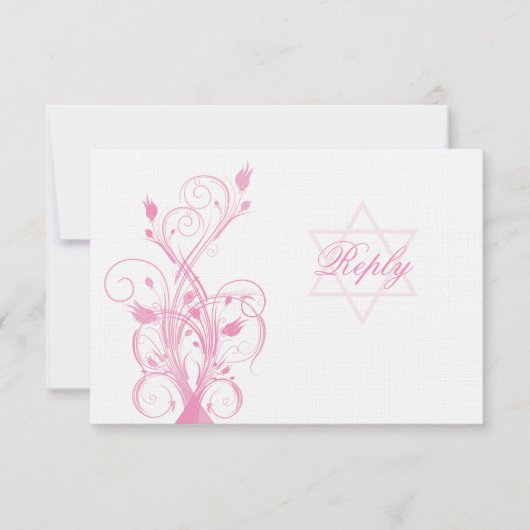 Carte RSVP Bat mitzvah rose Floral sur lin blanc (Devant)