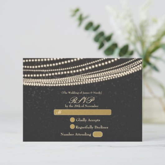 Carte RSVP Black Dark Night Sky & String Lights (Debout devant)