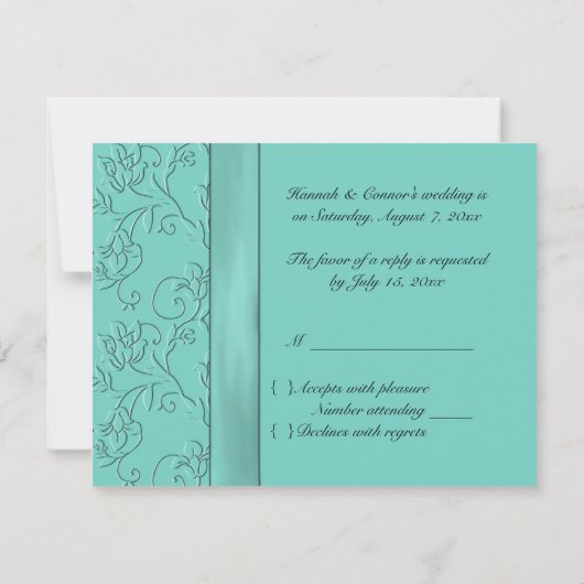 Carte RSVP Black et Aqua FAUX ruban et bijoux (Dos)