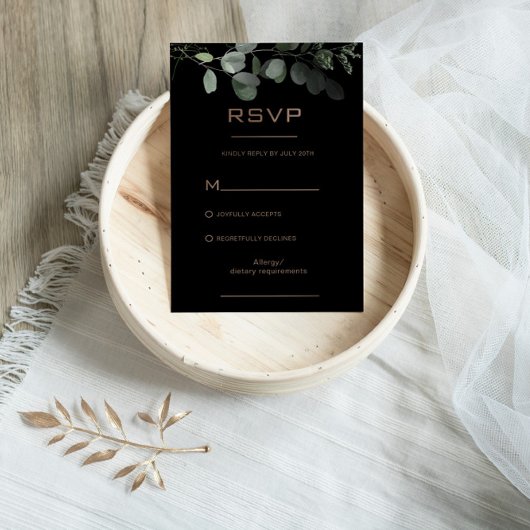 Carte RSVP Black Formal Minimal Eucalyptus Wedding