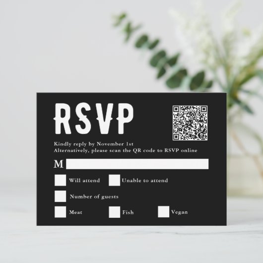 Carte RSVP Black Meice Choice Mariage Scan Qr Code (Debout devant)
