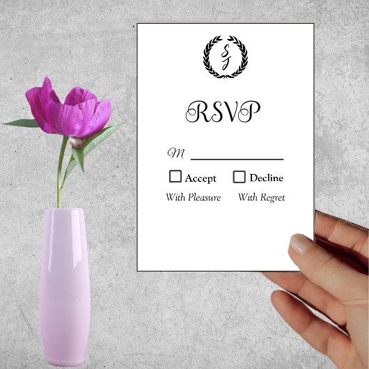 Carte RSVP blanche de couronne de monogramme noire