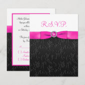 Carte RSVP blanche, noire RIBBON, rose chaud (Devant / Derrière)