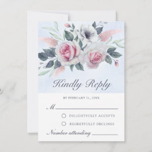 Carte RSVP bleu clair Rose couleur aquarelle roman