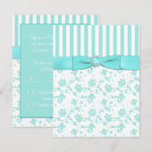 Carte RSVP bleu et blanc à rayures florales Aqua (Devant / Derrière)