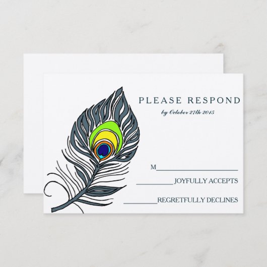 Carte RSVP bleu Peacock Feather (Devant / Derrière)