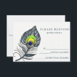 Carte RSVP bleu Peacock Feather<br><div class="desc">Cette belle carte est fournie avec des cartes blanches avec les mots RSVP scénarisé un design coloré de plumes de paon. Ce carte de remerciements est composé d'un script de calligraphie et d'une plume de paon. parfait pour les mariages,  les diplômes et autres célébrations de la vie.</div>