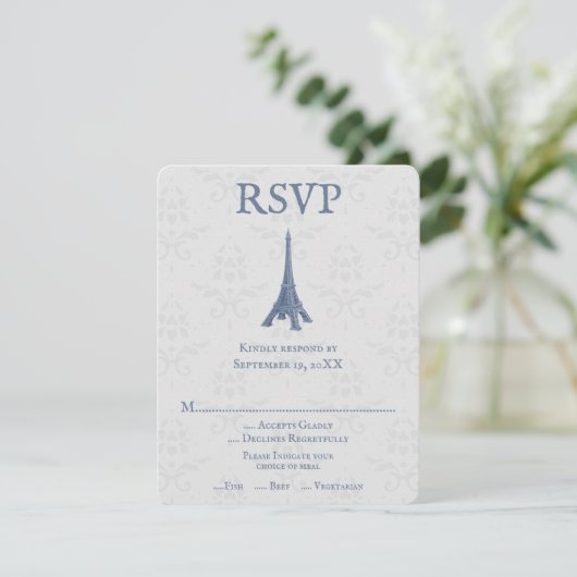 Carte RSVP Blue Eiffel Tower Mariage damassé (Debout devant)