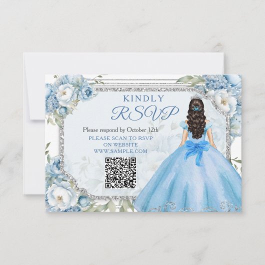 Carte Rsvp Blue Floral Argent Quinceañera QR (Devant)