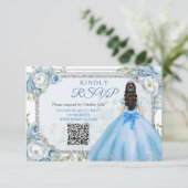 Carte Rsvp Blue Floral Argent Quinceañera QR (Debout devant)