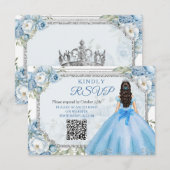Carte Rsvp Blue Floral Argent Quinceañera QR (Devant / Derrière)