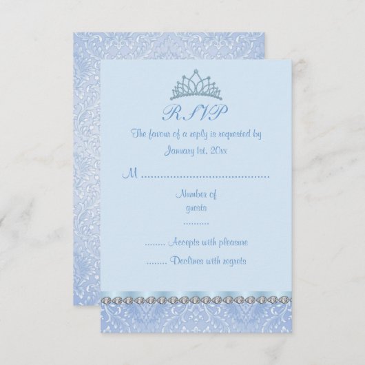 Carte RSVP Blue Tiara & Damask Sweet16 (Devant / Derrière)