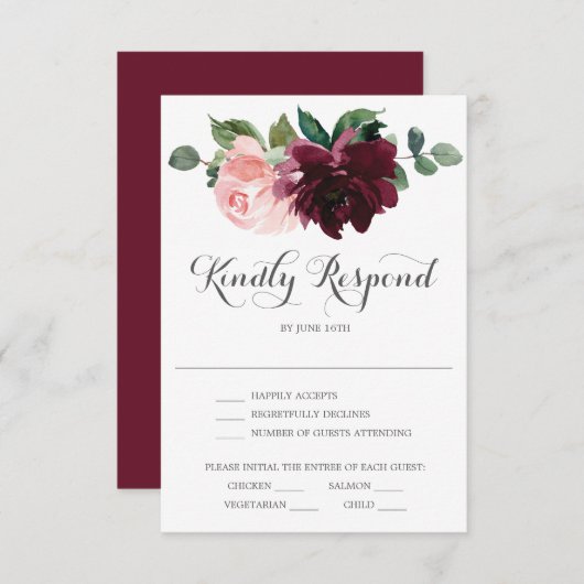 Carte RSVP Blush Burgundy Wedding (Devant / Derrière)