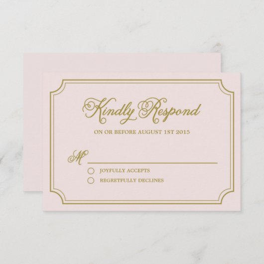 Carte RSVP Blush & Gold Whimsical Script Wedding (Devant / Derrière)