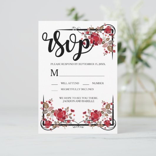Carte RSVP Boho Chic Red Roses (Debout devant)