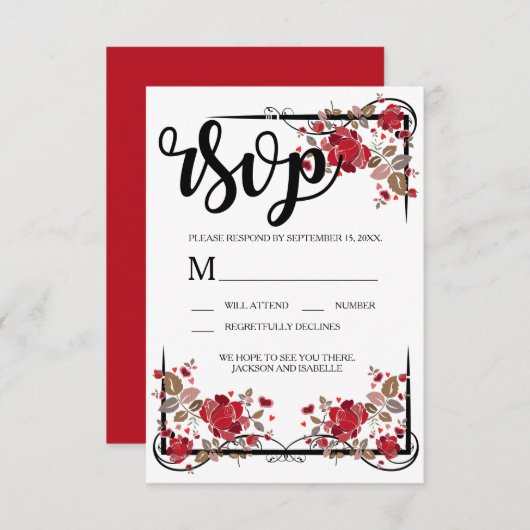 Carte RSVP Boho Chic Red Roses (Devant / Derrière)