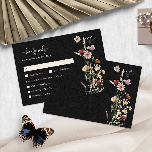 Carte RSVP Boho Fleur sauvage noir